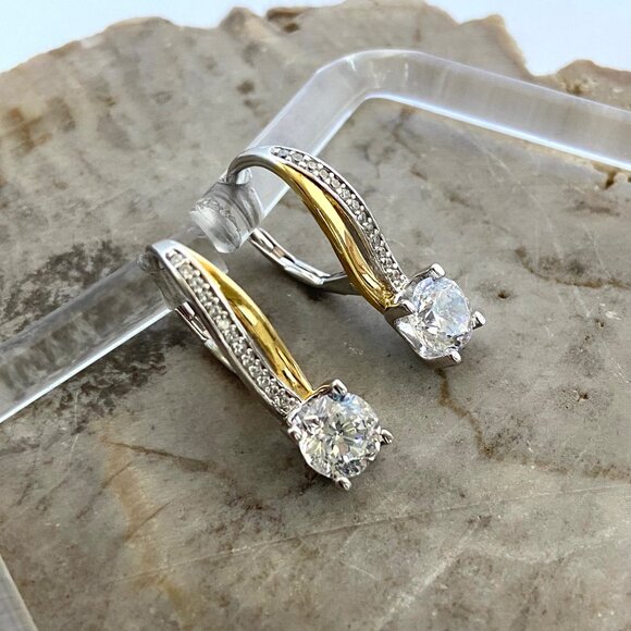 Sterling Silver 925 Round Cubic Zirconia Vermeil Two-tone Leverback Earrings - Picture 3 of 16
